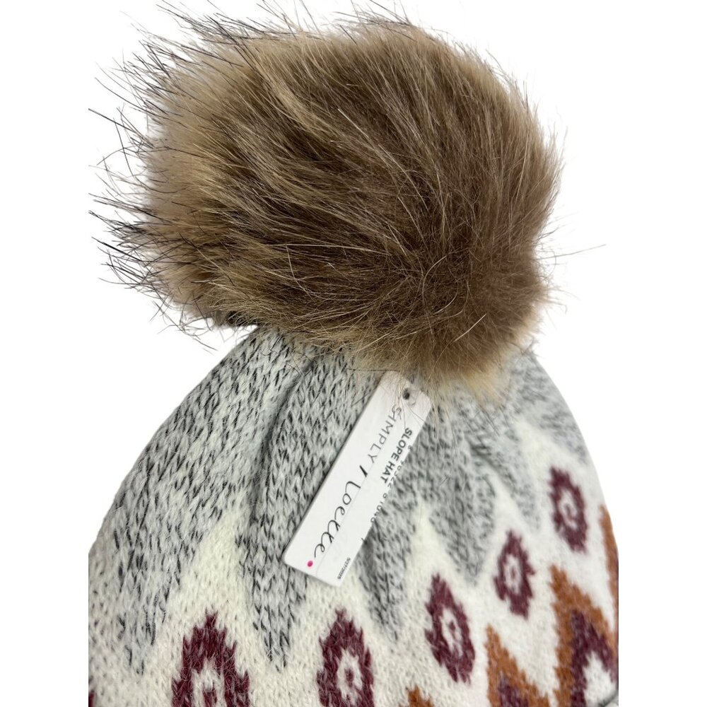 Simply Noel Womens Pom Beanie With Nordic Pattern & Faux Fur Pom Gray & Multicol - Picture 7 of 7